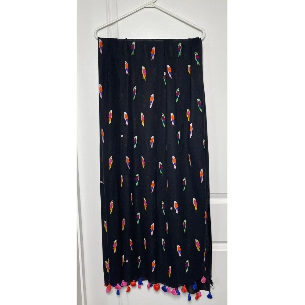 Kate Spade New York Parrot Print Scarf Shawl Black Multicolor Tassel Trim Wrap